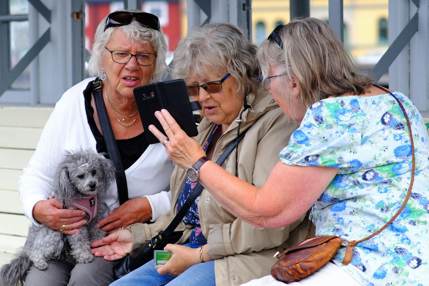 Tre damer med hund på stan