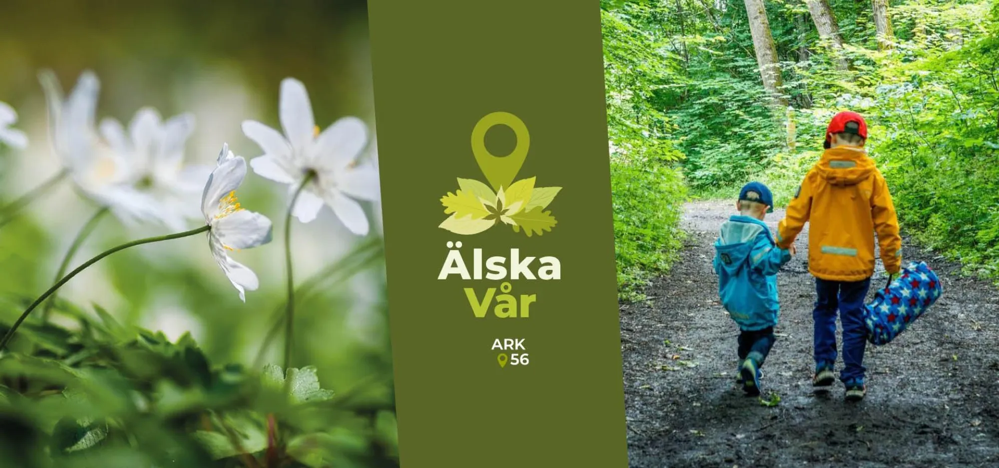 Älska Vår logotyp och unga vandrare i lövskog och vitsippor