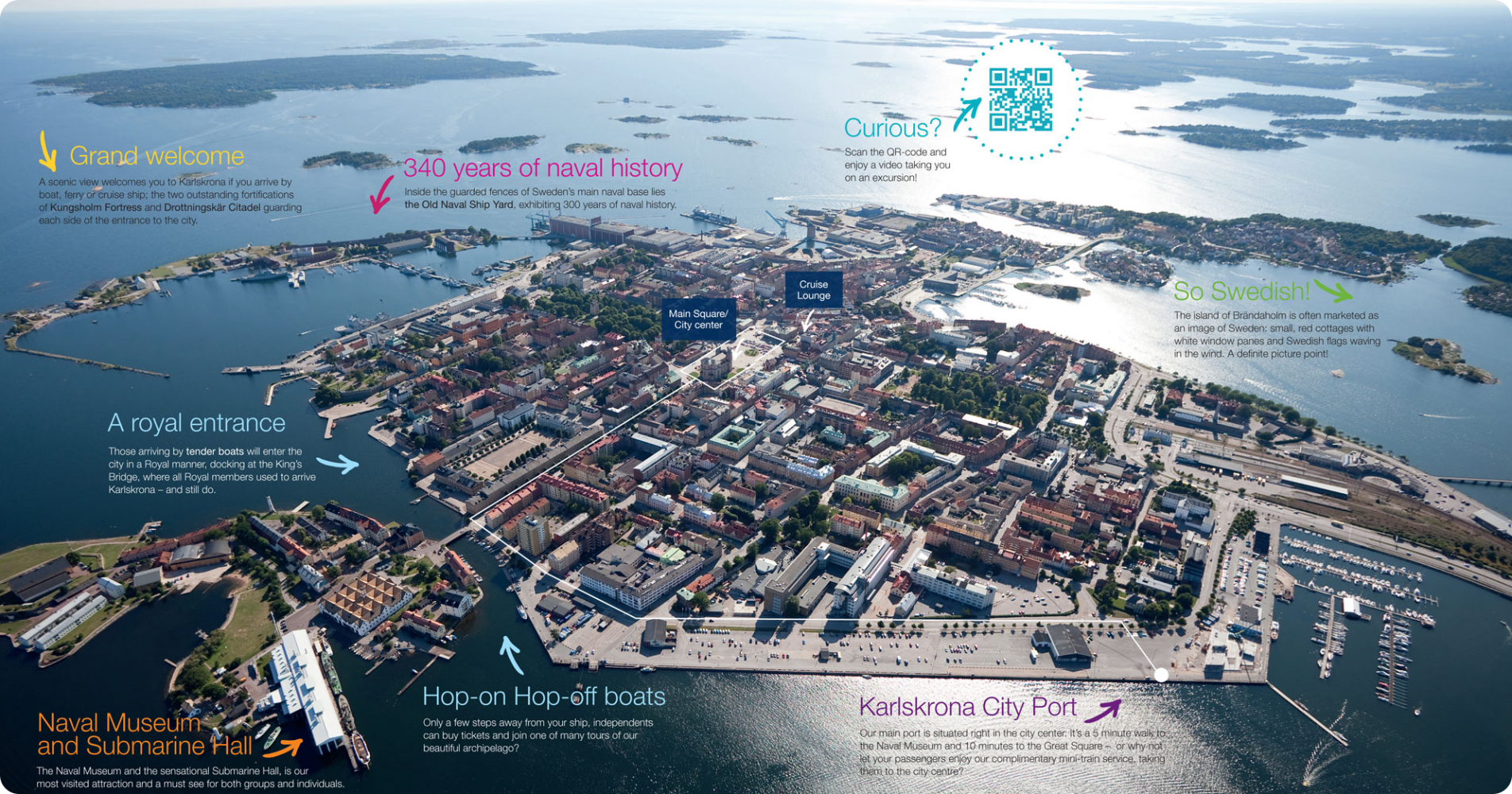 Flyphoto over Karlskrona with text written on it
