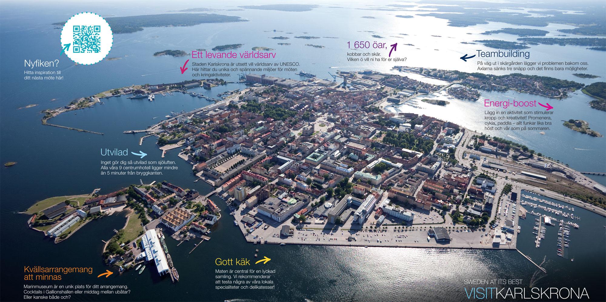 Flygbild över Karlskrona med text