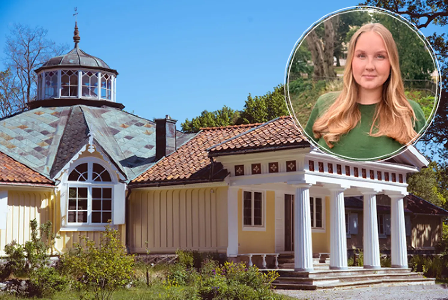 Skärva Herrgård med infällt foto av sommarjobbare