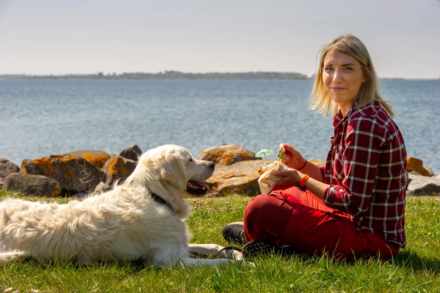 hund äter glass med kvinna