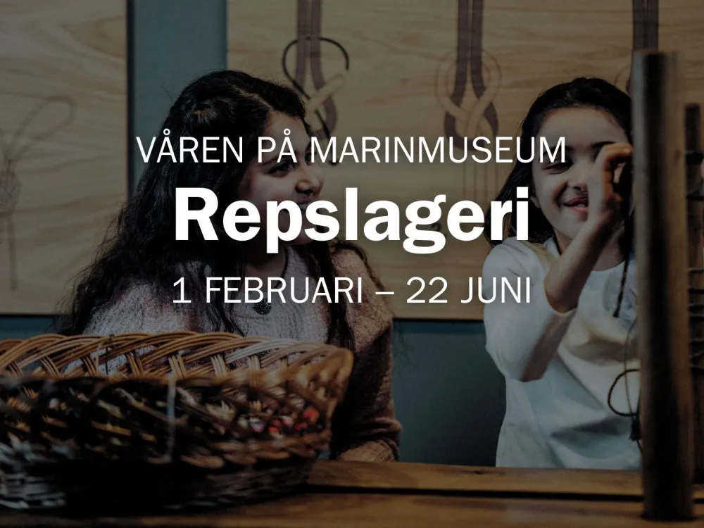 två barn som slår rep, och text med information om repslageri på Marinmuseum