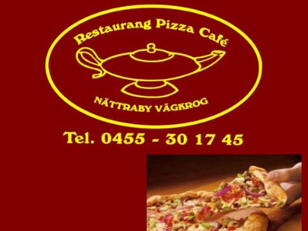En logga som är gul och röd med en magisk lampa och en extra bild med en pizza 
