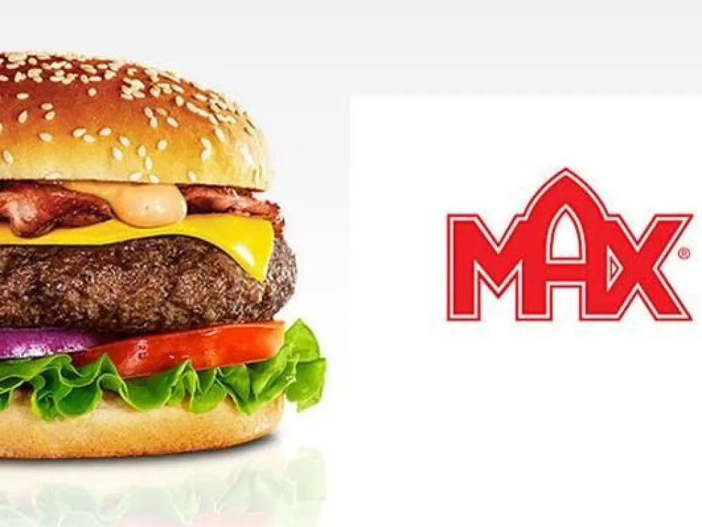En bild på Max logga och en hamburgare